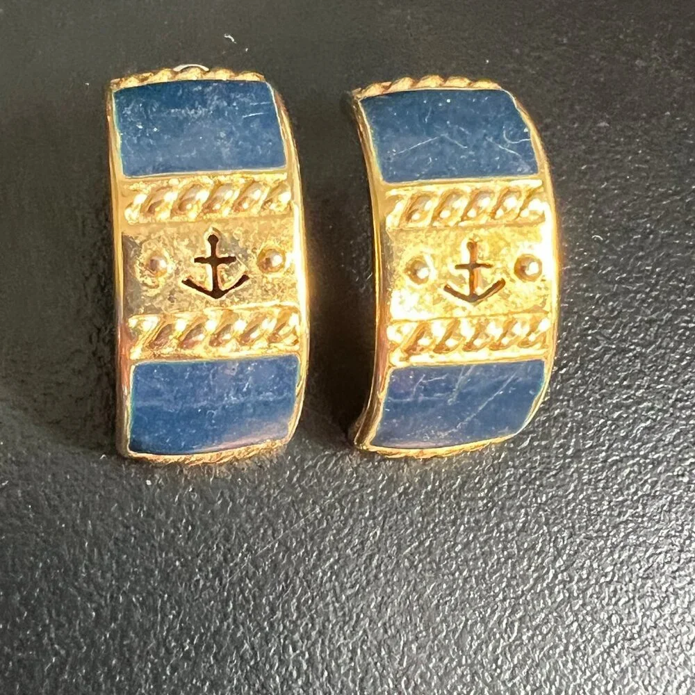 Vintage Nautical Pierced Earrings Anchor Blue Enamel Gold Tone‎ Half Hoops